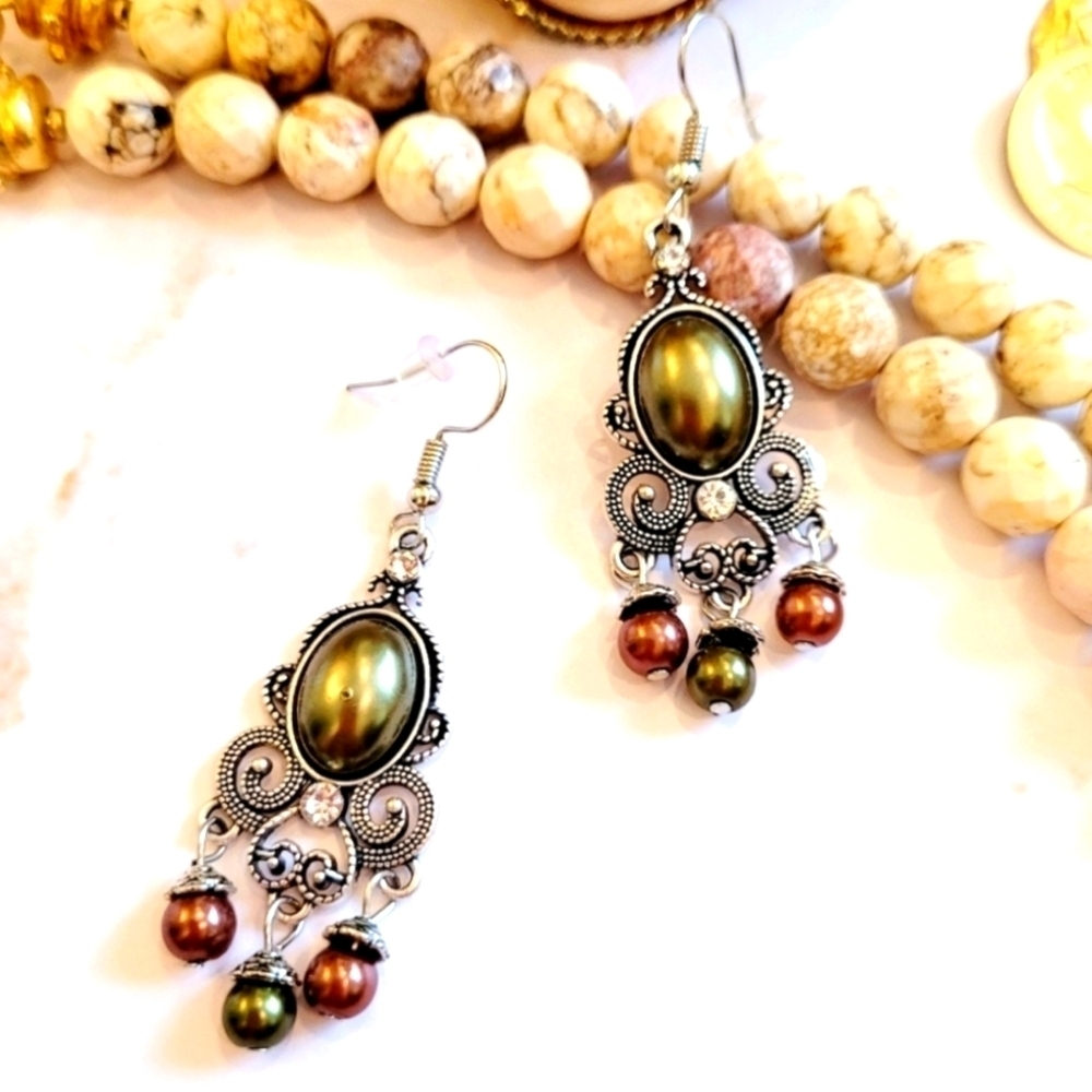Cabachon Jeweled Beaded Crystal Filigree Silver Chandelier Earrings